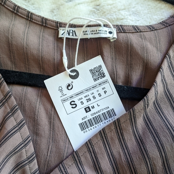 ZARA RUSHED BOHO RUFFLED SHORT SLEEVES BROWN VERTICAL STRIPED MIDI DRESS… - Picture 7 of 16